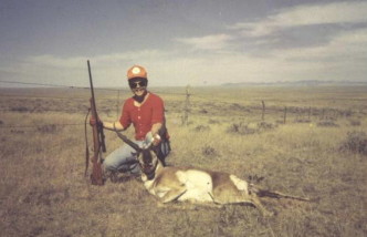 Antelope Hunting 1987 Here is Dan with a heavy horned antelope buck from 1987. This buck was shot with a 115 grain Nosler partition bullet from a Lilja barreled 25-06 stocked in a nice piece of California English walnut by Dan. Dan and his friend Bill stalked and waited to get a good shot at this buck, the biggest in a herd of about 75 antelope. There were a lot of eyes in that bunch looking for trouble.