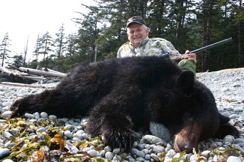 Butch with his sixth day blackie. Butch hammered this guy with his custom self-made 375 H&H Mag. Butch used a BAT action with a Lilja barrel and made the stock himself from an old piece of black walnut that had belonged to his father.