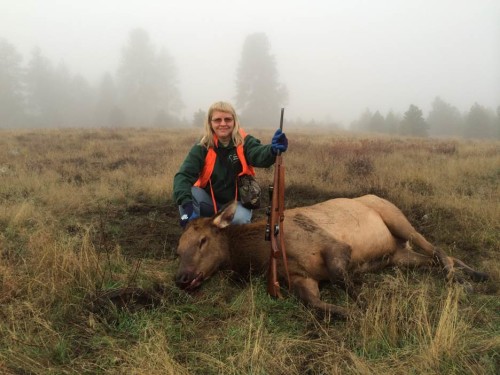 Here she is with a cow elk we snuck up to in the fog on the morning of opening day. She is a hunter too and wanted me to get the ram I was after.