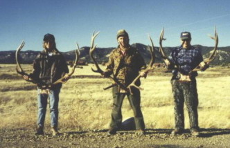 Sally with our friends Jerry Simison and Les Swindler with 3 nice New Mexico 6-point bulls in 1996.