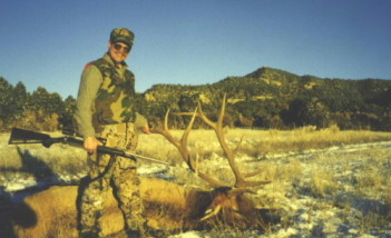 Dan with a 6-point bull he shot in 1998. The rifle is a Lilja barreled Remington 700 chambered for an improved 340 Weatherby case shooting a 250 grain Sierra Game King. Killed at about 350 yards.