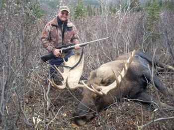  My 75 foot moose. He's a nice mature bull with a 50" plus spread and 12" wide palms.