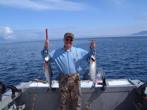 Dan with a couple of nice ocean-bright pink salmon. We fished for these guys on downriggers about 45' down. We lost a few to salmon sharks too.