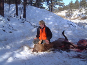 Travis with his second elk, a nice fat cow he shot with the .243 through the lungs at 220 yards. It was cold this morning, in the single digits. The ivories on this cow were worn down more than any we've seen before.